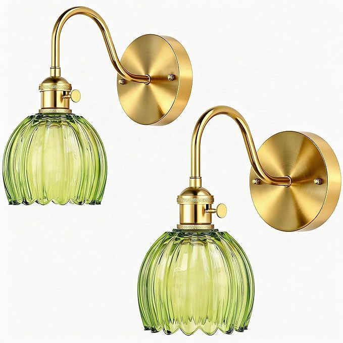 2-Pack Wall Sconces Lights Lamp for Bedroom Bathroom, Modern Vanity Light Fixtures, Wall Mount Lighting Vintage Tulip Green Glass Shade for Living Room Mirror Hallway Kitchen