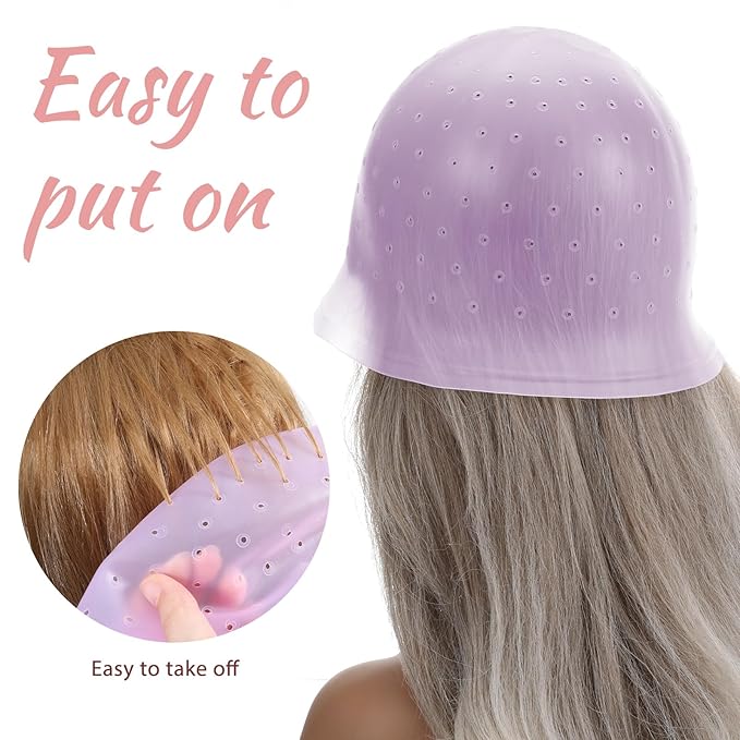 LIQWEI Punched Silicone Highlight Hair Cap with Needle, Professional Reusable Highlighting Poked Hole Caps with Hooks for Color Hair Salon Hairdressing Dyeing Staining Tools for Women Men