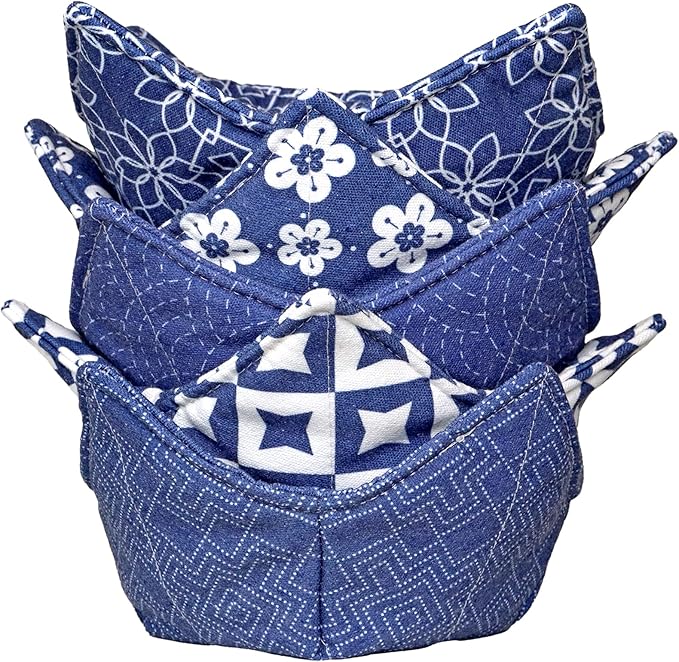 ROGITU Cotton Microwavable Bowl Cozy, Microwave-Safe Hot Bowl Holders, Soup bowl Cozy Hot Pads (Blue Series)