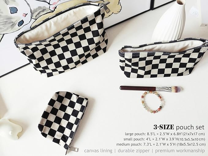HAPPYHEIDI Checkered Corduroy Makeup Bag Set 3 Women Cosmetic Toiletry Travel Pouch Purse Accessory Organizer, 3-Size, Vintage Black Tan-White