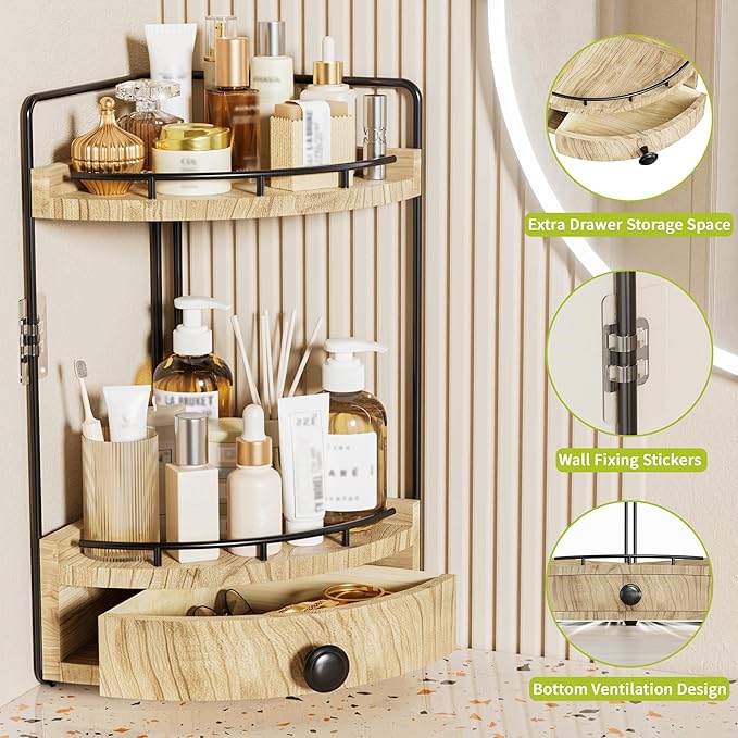Aollewoiti 2-Tier Corner Bathroom Counter Organizer with Drawer, Wood color