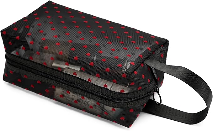 TOPASION Portable Mesh Makeup Bag with Zipper Small Travel Toiletry Bag Lightweight Cosmetic Pouch (Black&Red Heart with Handle)