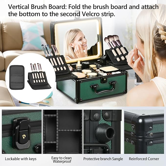 GALHUBIS Makeup Case with Lighted Mirror, Makeup Box Organizer with Detachable LED Mirror, Travel Makeup Train Case, Waterproof Cosmetic Organizer, Standing Makeup Brush Holder, Gift, Black Green