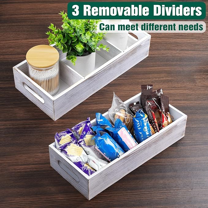 14 Inch Farmhouse White Bathroom Basket with Removable Dividers - 3 Comparments Wood Toilet Paper Basket for Back of Toilet Tank Topper - White Storage Organizer for Bathroom Pantry Organization