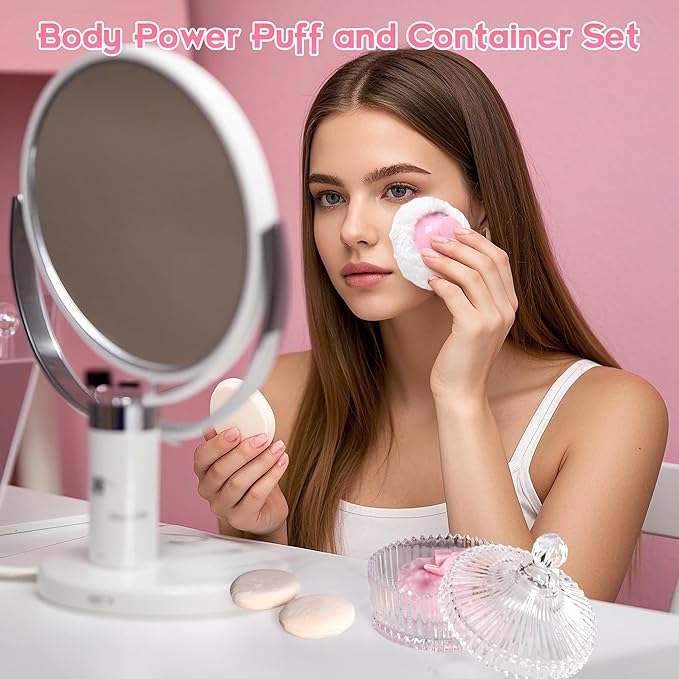 XHDMY Extra Large Body Powder Puff and Container Set Crystal Powder Container with 3 Soft Velour Power Puffs for Women Baby Face Body Washable Reusable Wet Dry Makeup Valentine's Mother's Day Gifts