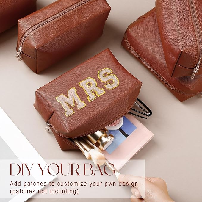 Kigeli Aesthetic Makeup Bags PU Leather Cosmetic Pouches Waterproof Plain Toiletry Bags Makeup Pouches Bulk for Women Party Gift Travel Storage Organizer(Brown,7.1 x 2.8 x 4.3 in)