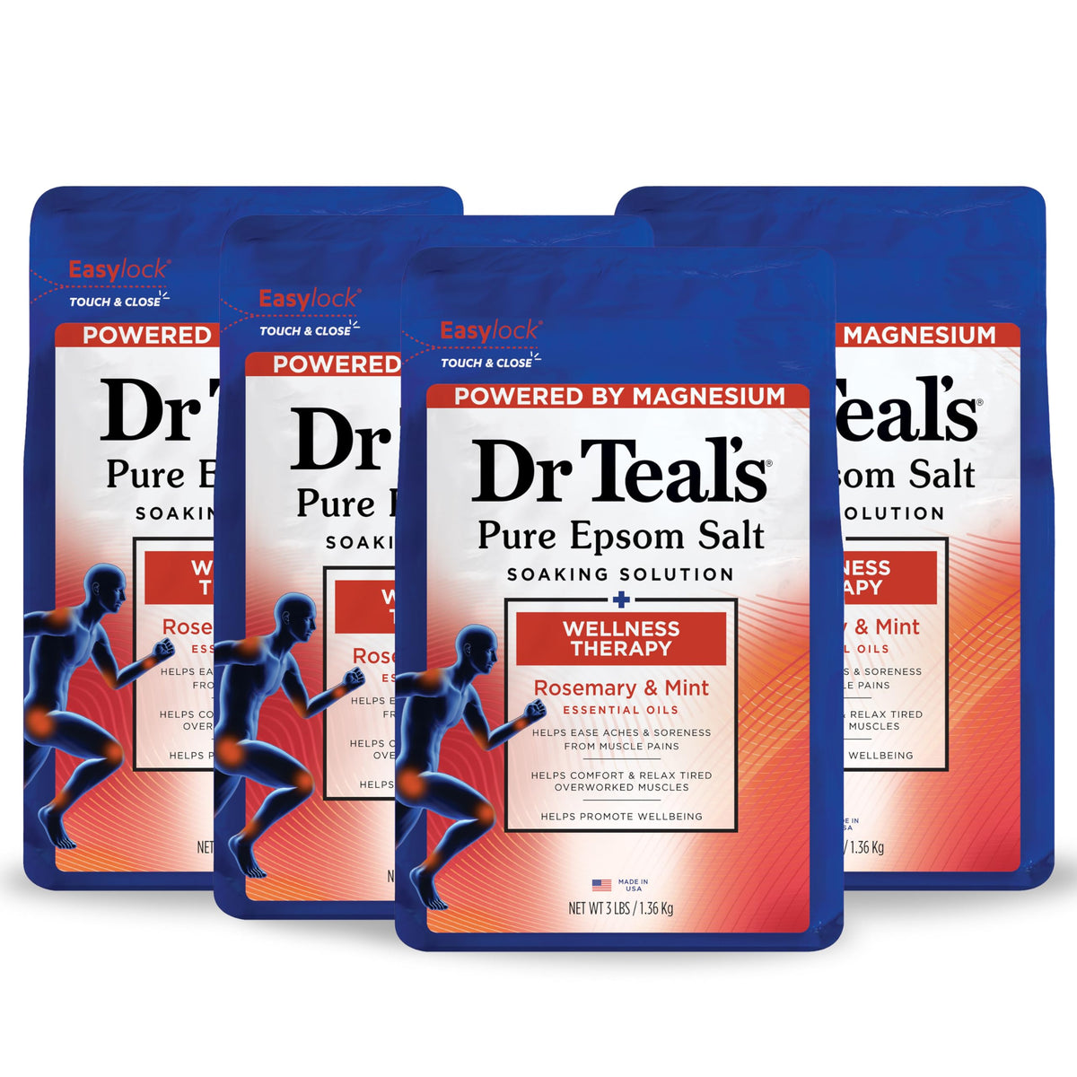 Dr Teal's Pure Epsom Salt Soak, Wellness Therapy with Rosemary & Mint, 3 lbs (Pack of 4)