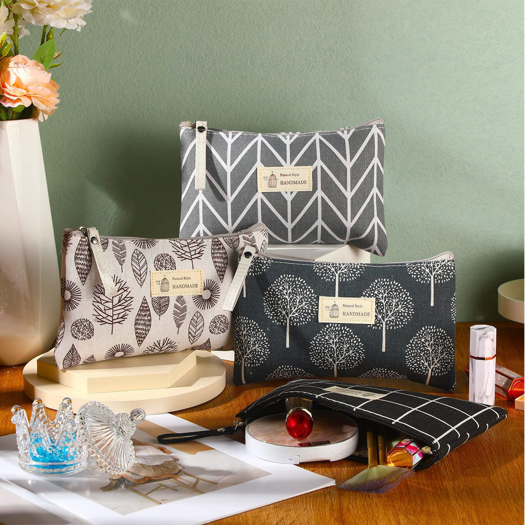 Boao 4 Pcs Canvas Cosmetic Pouches for Purse Makeup Bags Set Small with Zipper Cute Multi Functional Toiletry Travel Organizer for Back to School Women Gift, 4 Styles(Big,Arrow, Plaid, Tree, Leave)