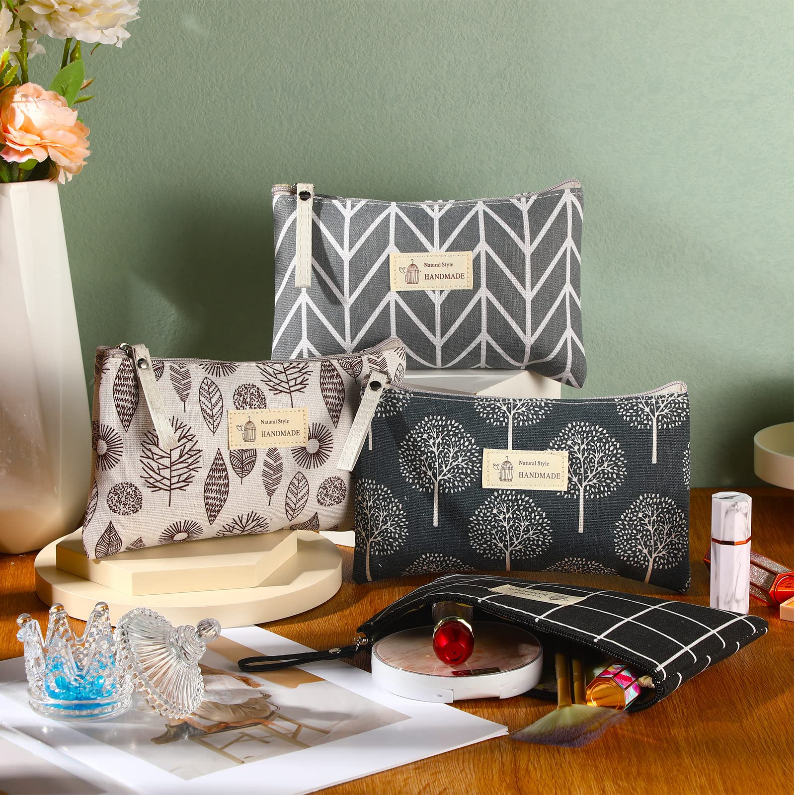 Boao 4 Pcs Canvas Cosmetic Pouches for Purse Makeup Bags Set Small with Zipper Cute Multi Functional Toiletry Travel Organizer for Back to School Women Gift, 4 Styles(Big,Arrow, Plaid, Tree, Leave)