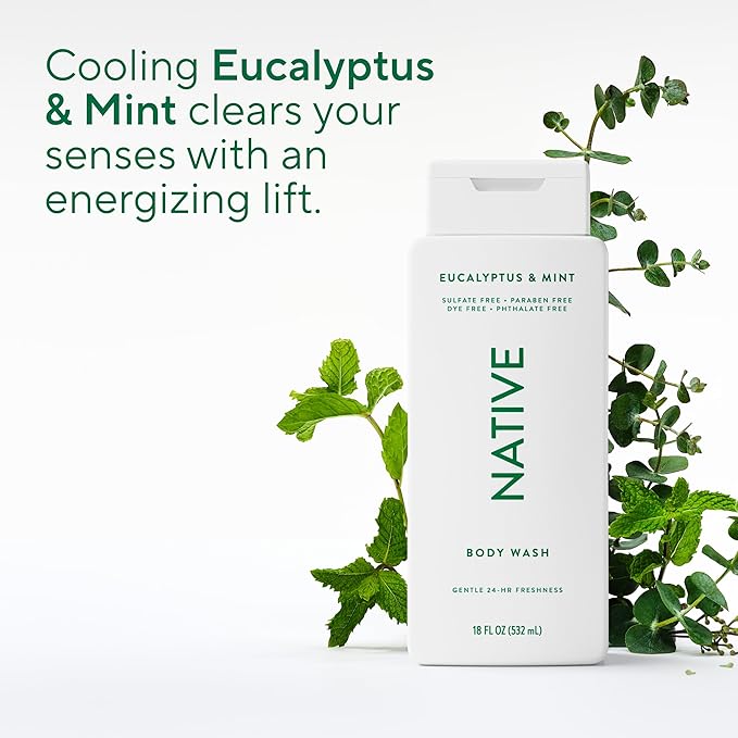 Native Body Wash Contains Naturally Derived Ingredients | For Women & Men, Sulfate, Paraben, & Dye Free Leaving Skin Soft and Hydrated | Eucalyptus & Mint 18 oz