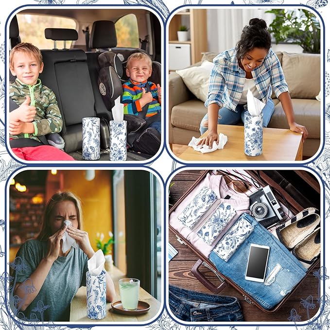 Zonon 8 Pcs Vintage Floral Round Tissues Box Car Holder with Facial Tissue Bulk Blue Flower Travel Tubes for Car with 50 Sheets Spring Cylinder Face Towel Fit for Cup Holder Round Container