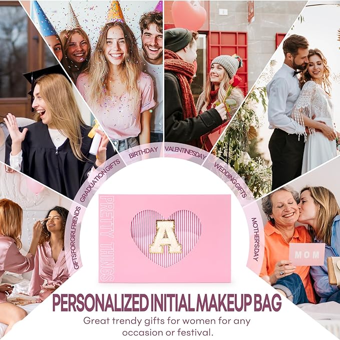 mibasies 2 PCS Initial Makeup Bags for Women: Cosmetic Bag for Travel Toiletry - Birthday Gifts for 11 12 13 14 15 16 17 18 Years Old Girl Graduation - Teen Girl Gifts Trendy Stuff - Pink A