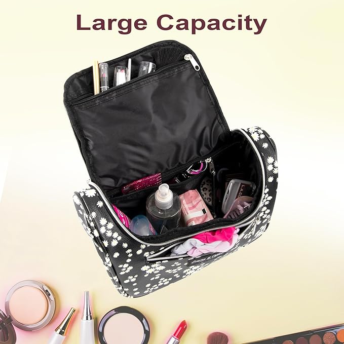 Emma & Chloe Large Cosmetic Case Makeup Organizer, Toiletry Bag for Women | 4 Section Waterproof Travel Make Up Organizing Bags (Delightful Daisies)