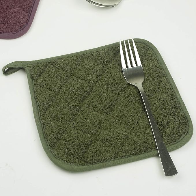 Lifaith Pot Holders for Kitchen, 100% Cotton Terry Pot Holder Set of 5, Heat Resistant Hot Pads for Cooking, Baking, Hot Dishes and Countertop Protection, Olive Green