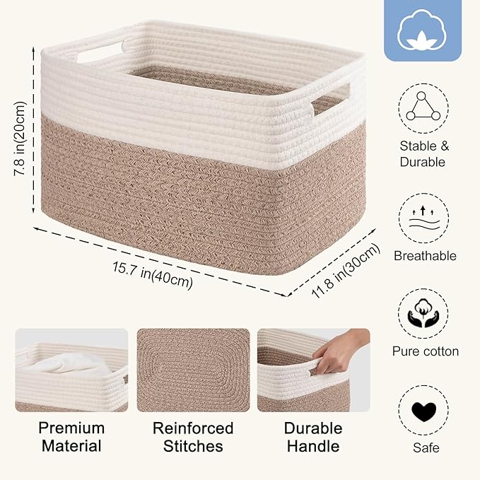 SIXDOVE 4 Pack Storage Baskets for Organizing, Woven Baskets for Shelves - Perfect for Toys, Books, Towels, and Clothes, Durable Gift Basket Bins Toy Storage, 15.7''Lx11.8''Wx7.8''H, Brown & White