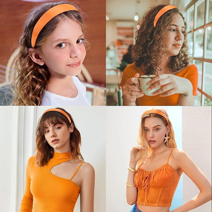 Wecoe 10 Pack Orange Headbands 1 Inch Wide Satin Headbands Women Non Slip Fashion Plain Head Bands Solid Hair Bands DIY Halloween Thanksgiving Day Hair Accessories for Women Girls Diademas Para Mujer