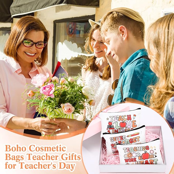 Yahenda 16 Pcs Graduation Canvas Makeup Bags Bulk for Women Appreciation Inspirational Gifts Cosmetic Zipper Pencil Pouch Travel Toiletry Bag for Teacher Birthday Mother's Day(Boho Teacher)