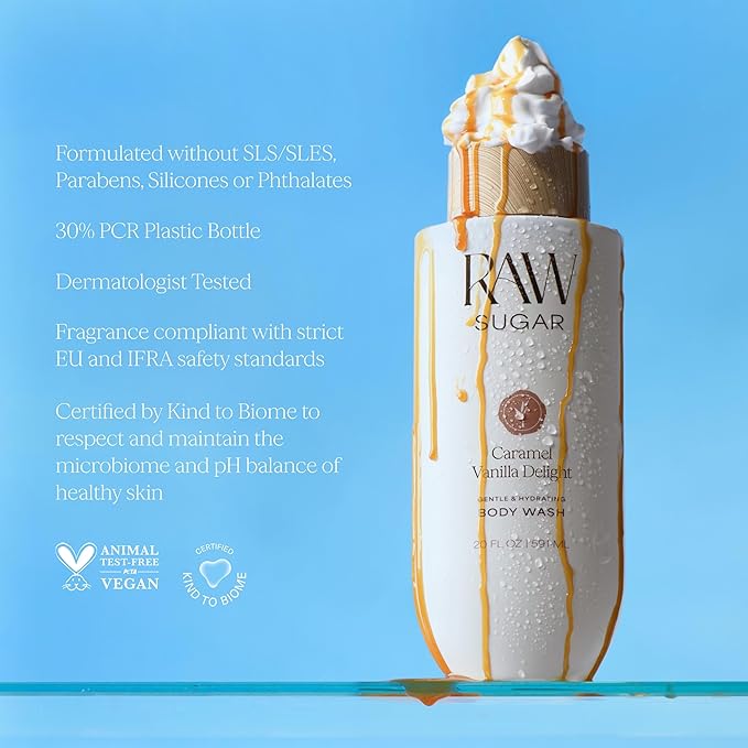 RAW SUGAR Caramel Vanilla Delight Gentle & Hydrating Body Wash, 20 Fl Oz (Pack of 1), Moisturizing & Indulgent Bath & Shower Gel, Vegan, Formulated without SLS/SLES & Parabens