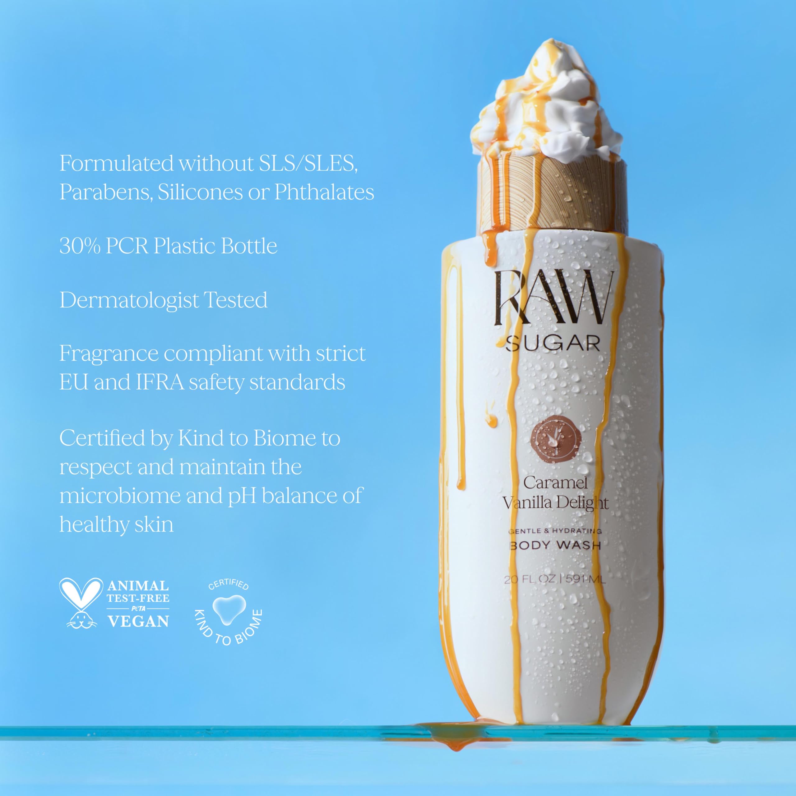 RAW SUGAR Caramel Vanilla Delight Gentle & Hydrating Body Wash, 20 Fl Oz (Pack of 1), Moisturizing & Indulgent Bath & Shower Gel, Vegan, Formulated without SLS/SLES & Parabens
