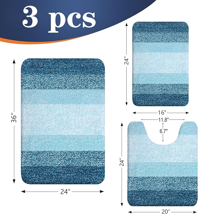 OLANLY Microfiber Bathroom Rugs Sets 3 Piece, 36"x24"+24"x16"+24"x20"