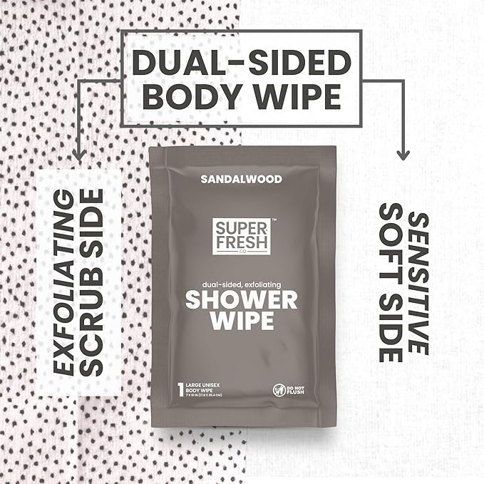 Super Fresh Shower Body Wipes, Travel Essentials for Camping, Large Sandalwood Wipes for Adults, Women, Men, Kids Personal Hygiene Cloth Enriched with Aloe and Vitamin E, Individually Wrapped 10 Pack