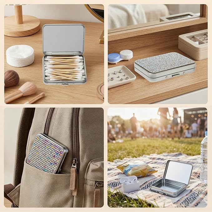 LIGHUFEIC Bling Cotton Swab Holder for Travel,2PCS Portable Floss Pick Holder Case with Mirror,Storage Box for Cotton Swabs, Dental Floss, Hair Ties, and Small Essentials(Silver)