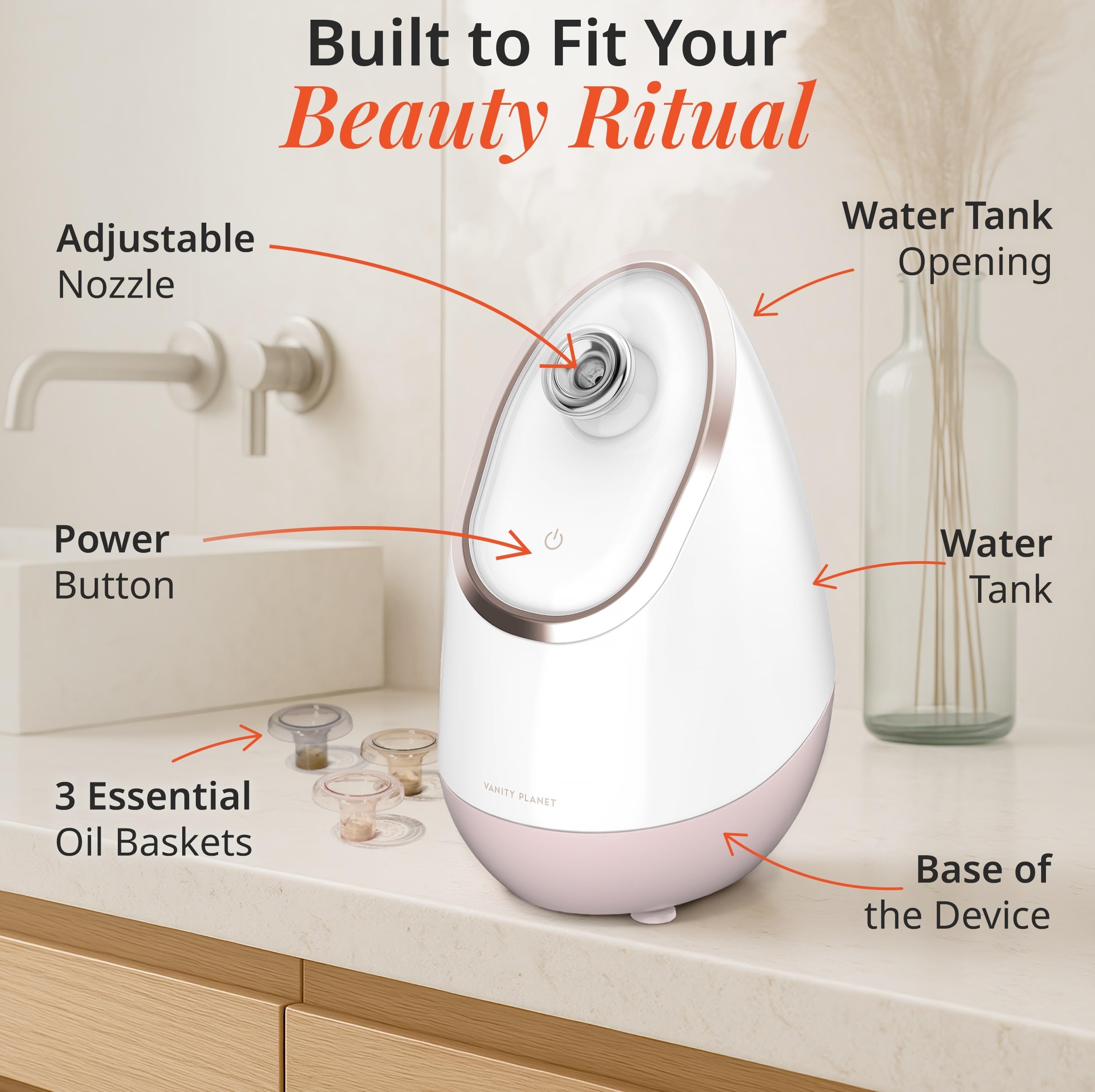 Vanity Planet Aira Ionic Facial Steamer (Rose Gold) - Pore Cleaner that Detoxifies, Cleanses and Moisturizes - Adjustable Nozzle, Water Tank with 3 Essential Oil Baskets