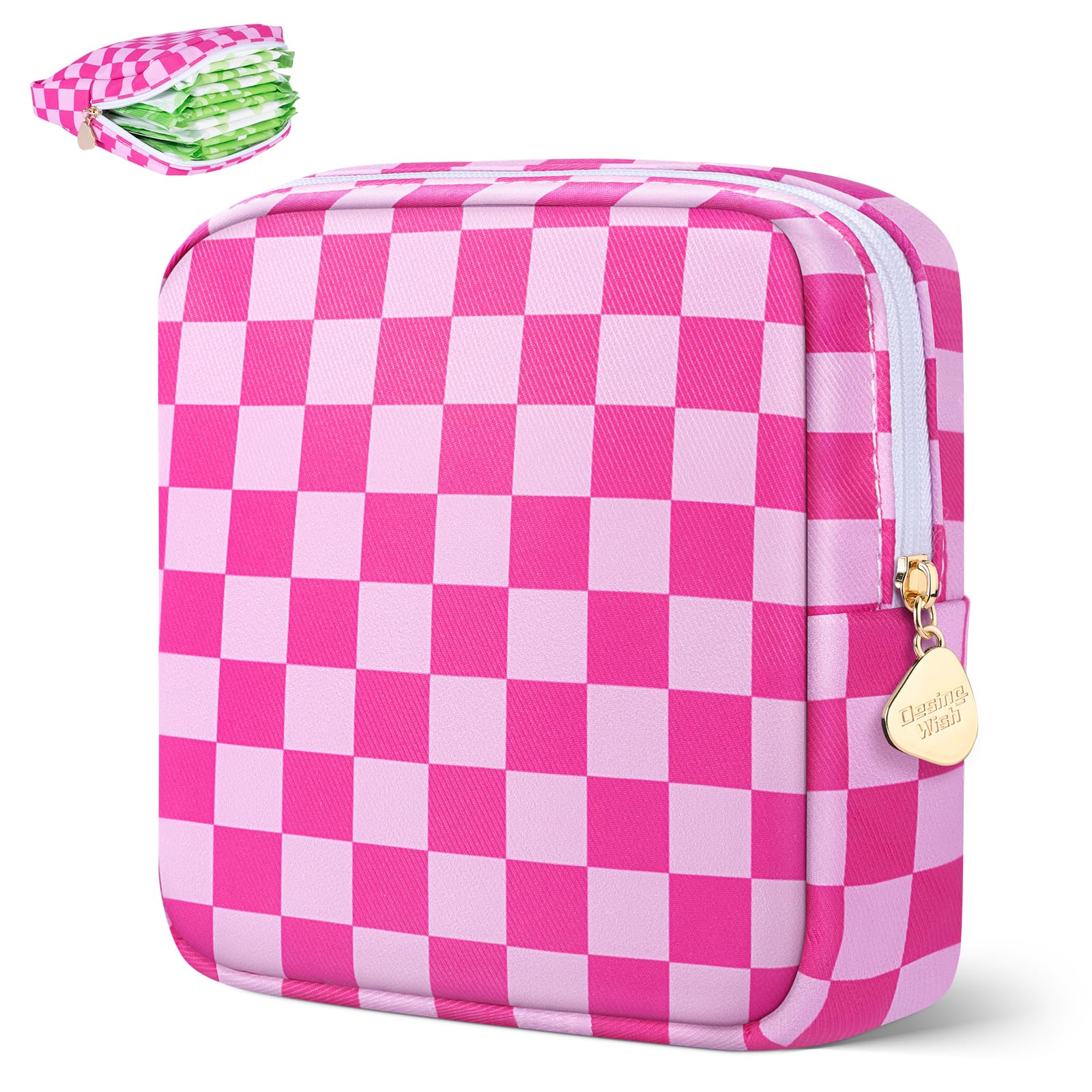 Desing Wish Period Bag Pouch Soft Cloth Sanitary Napkin Storage Bag Portable Menstrual Pad Pouches Tampon Holder for Purse First Period Kit for Girls 9-12 (Rose-Pink Check)