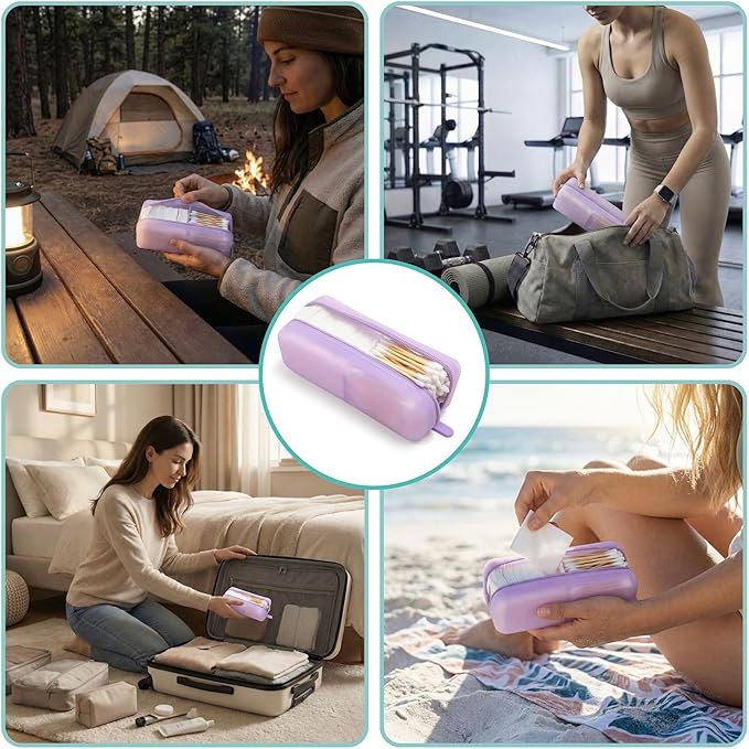 Cotton Pad Swab Travel Case, 2-in-1 Waterproof Organizer, VISFRESH (Purple)