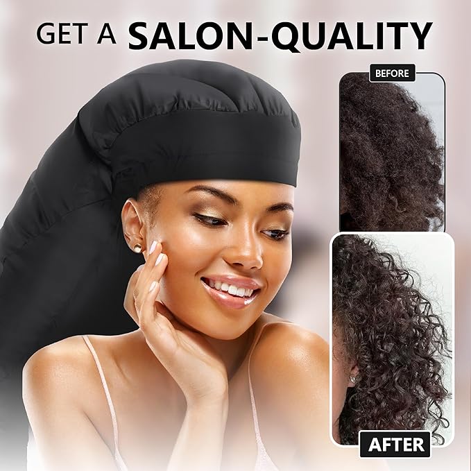 Large Bonnet Hair Dryer Attachment for Locs, Dreadlocks & Natural Curly Hair – XL Soft Satin Hooded Bonnet w/Integrated Headband, Reduces Heat on Ears & Neck, Fast Drying & Deep Conditioning