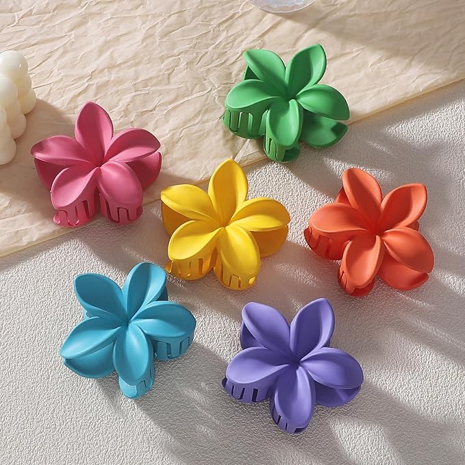 Sisiaipu Flower Hair Clips for Women 6 Pcs Hawaiian Large Claw Clips Plumeria Medium Hair Claw Clips for Thick Thin Hair Hibiscus Tropical Beach Hair Accessories for Women Girls and Girls-Dopamine