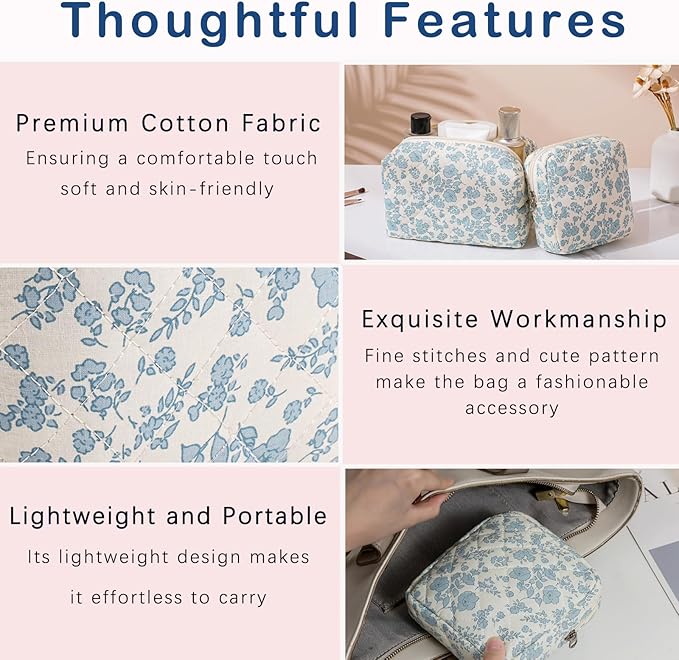 2 Pcs Quilted Cotton Makeup Bag Set, Small Aesthetic Cosmetic Bag with Floral Pattern, Cute Makeup Pouch for Purse, Kawaii Trendy Preppy Travel Toiletry Bag for Women and Girls(21 Blue Flower Set)