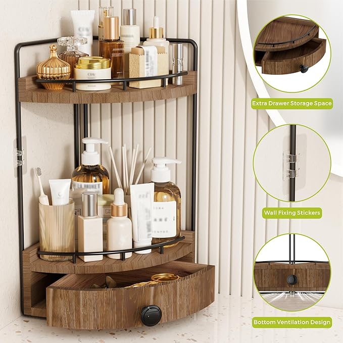 Aollewoiti 2-Tier Corner Bathroom Counter Organizer with Drawer, Dark Brown