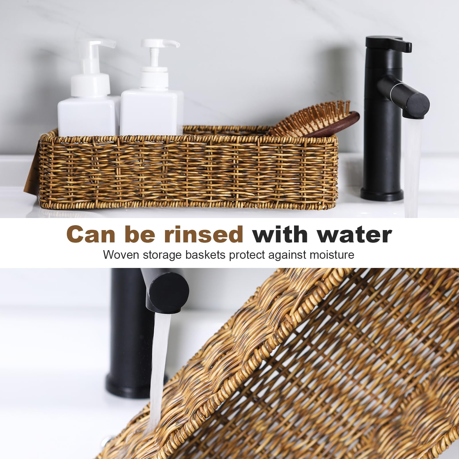 Small Wicker Basket for Toilet: Waterproof Storage Basket Organizing Over Tank Topper Tan 2pack