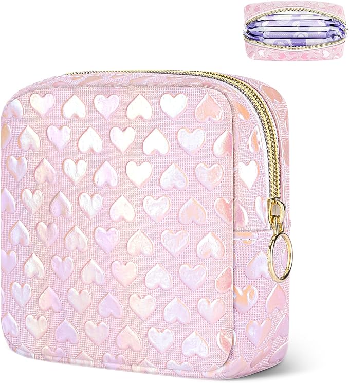 Likesing Period Bag Pouch, Leather Sanitary Napkin Storage Bag for Girls Womens, Portable Sanitary Napkin Period Pad Pouch Bag for Purse (Pink-3D Love)