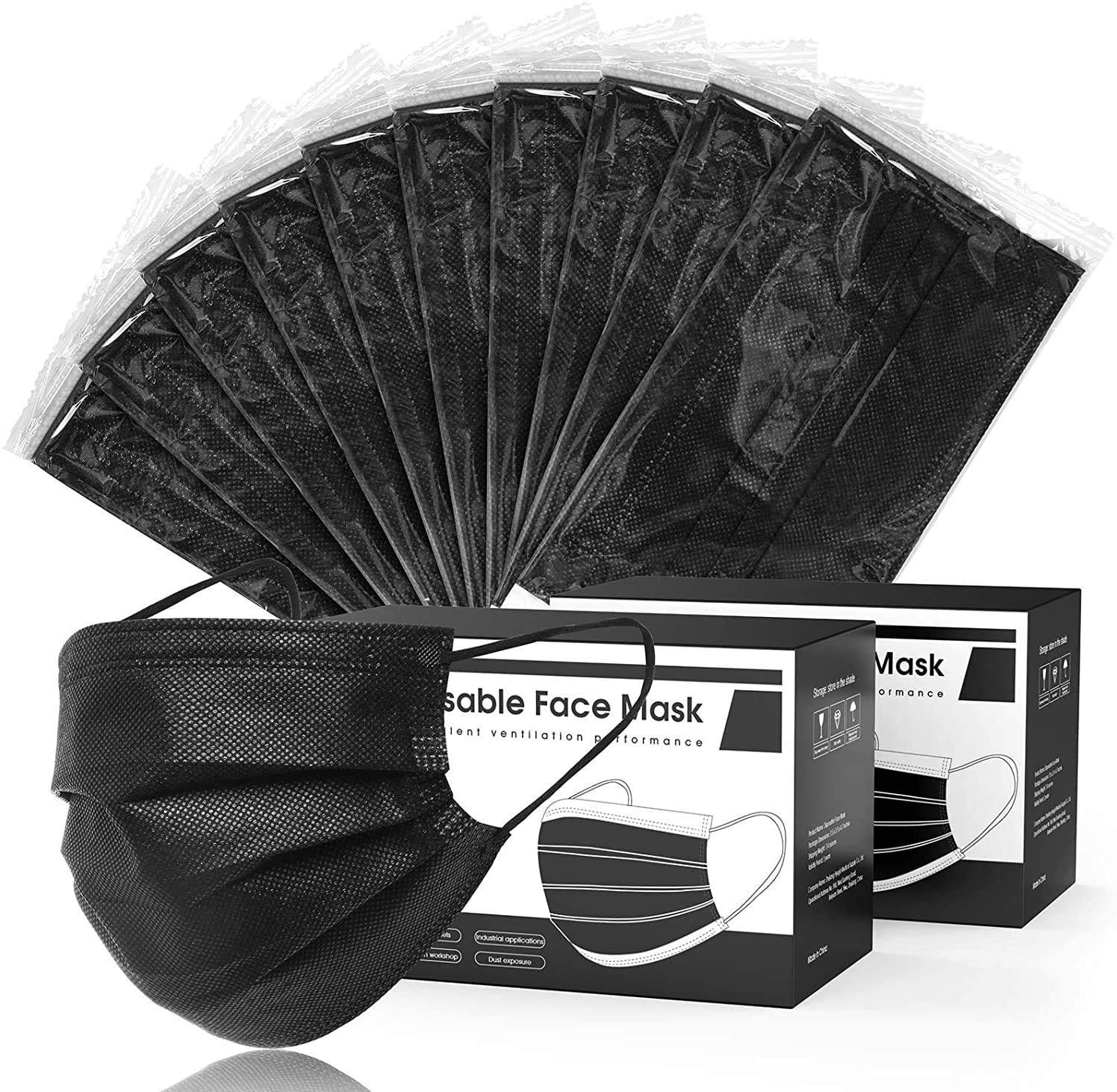 Hyegiir 3 Ply 500PCS Disposable Face Masks Individually Wrapped For Daily Protection (500pcs Black Mask)