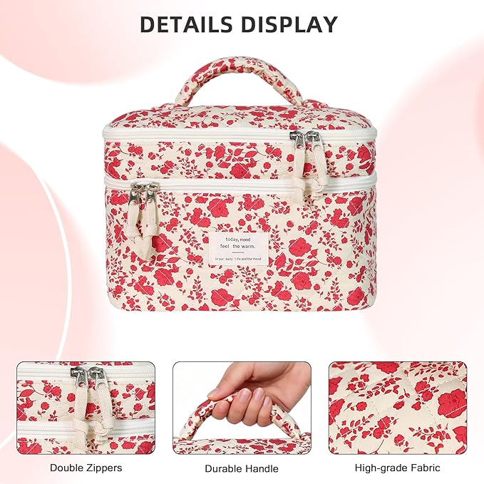 Gosect Makeup Bag, Portable Travel Make up Bag, Large Capacity Quilted Cosmetic Organizer Bag, Cute Floral Toiletry Bag for Women Girls (Bright Pink Rose)