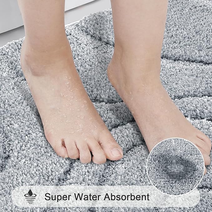 HEBE Bathroom Rugs Sets 5 Piece, Soft Absorbent Microfiber Bath Mat for Bathroom, Non Slip Washable Bath Rug Set with Toilet Cover, Bath Runner and U-Shaped Contour Toilet Rug, Light Grey