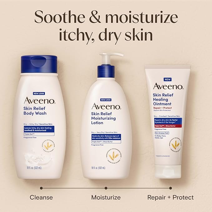 Aveeno Skin Relief Moisturizing Body Lotion Heals Very Dry, Sensitive Skin, Fast-Absorbing Lotion with Soothing Triple Oat & Shea Butter Formula, Fragrance Free Lotion, Non-Comedogenic, 33 Fl Oz