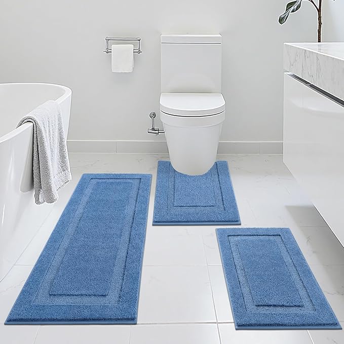 SHACOS Blue Bathroom Rugs Sets 3 Piece Bath Mat U Shaped Toilet Rug