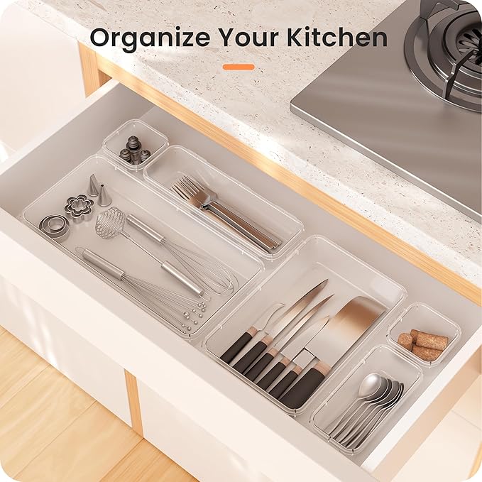 A-LuGei 【Military Grade】 Drawer Organizer,【𝟱𝗦𝗶𝘇𝗲】 Makeup organizer,【Holds 177 Items】 Bathroom Organizers and Storage,Organization and Storage,Desk Drawer Organizer for Vanity【Clear】