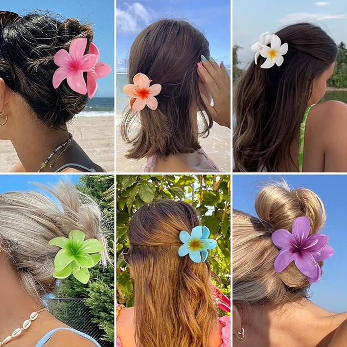 Sisiaipu Flower Hair Clips for Women 6 Pcs Hawaiian Large Claw Clips Plumeria Medium Hair Claw Clips for Thick Thin Hair Hibiscus Tropical Beach Hair Accessories for Women Girls and Girls (PS)