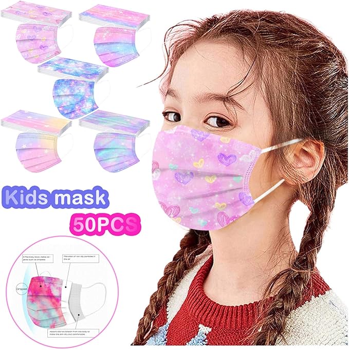 50Pcs Kids Face Mask Childrens 3 Ply Non-Woven Protective Breathable Kids Face Mask for Boys Girls Outdoor School