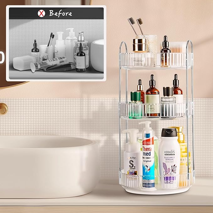 Niluks 360 Rotating Makeup Organizer, 3 Tier Large Capacity Lazy Susan Bathroom Counter Organizer, Skincare Organizers, Spinning Perfume Organizer & Vanity Organizer Countertop (Silver Clear, 3 Tier)
