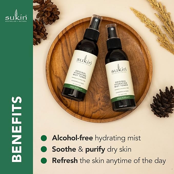 Sukin Original Hydrating Toner, Face Mist – Refreshing Chamomile & Rose Water Spray for Face, Beauty & Personal Care Essentials, 4.23 Oz