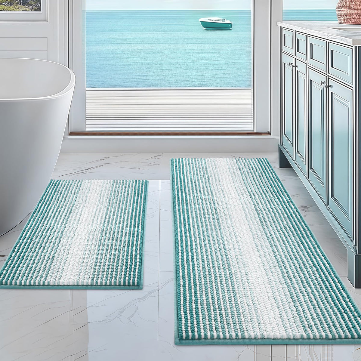 BSICPRO Bathroom Rugs Sets 2 Piece, Non Slip Striped Bath Mats, Teal