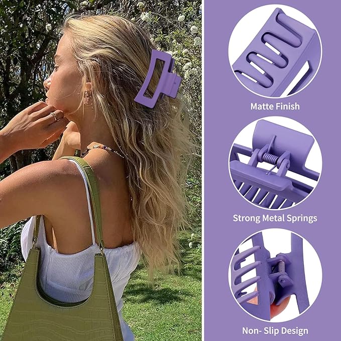 Sisiaipu 3.5 Inch Medium Hair Claw Clips 6 Pack Hair Clips for Women Square Rectangle Claw for Hair Banana Jaw Clips Hair Accessories for Girls (Purple)