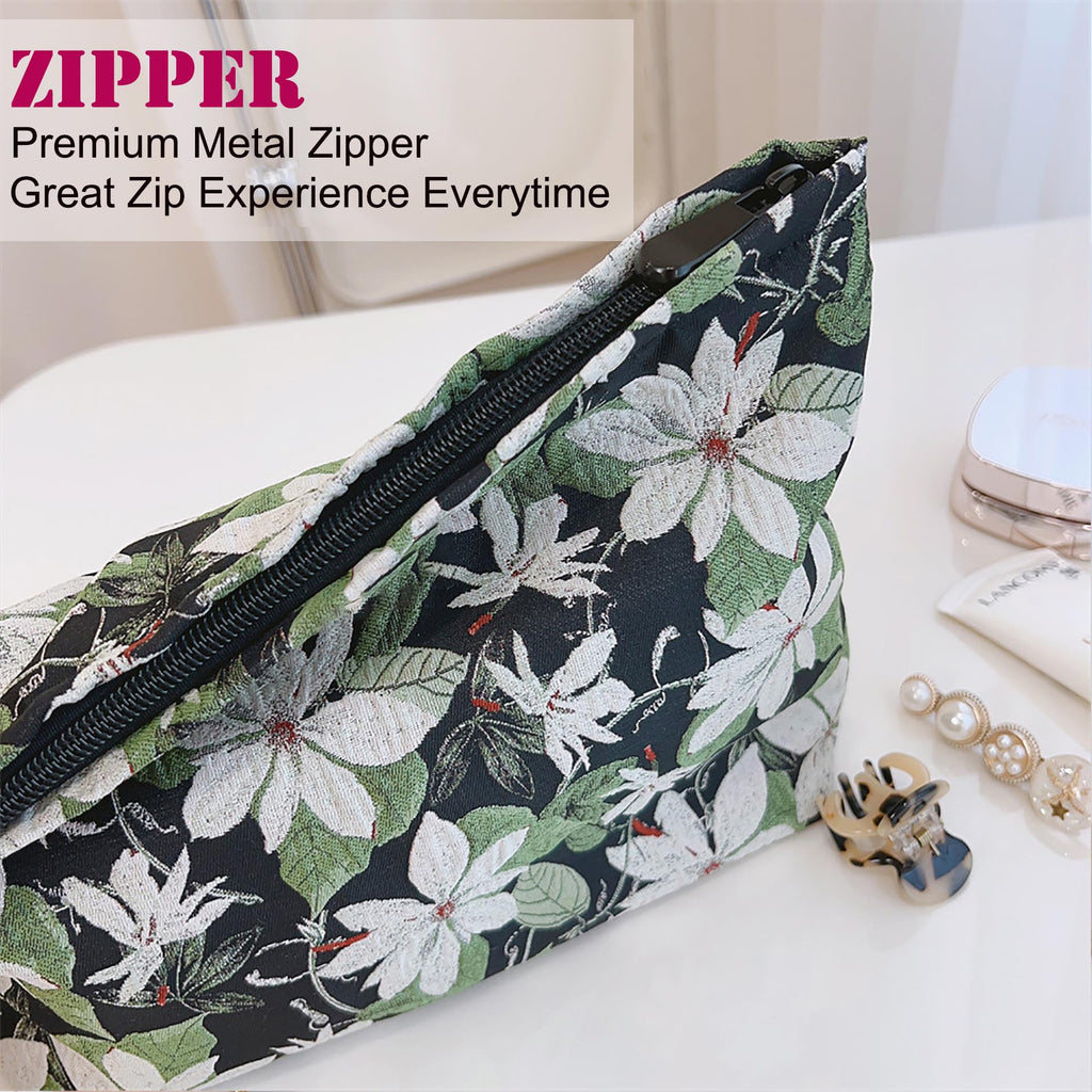 HAPPYHEIDI Large Makeup Bag Travel Cosmetic Pouch, White Florals