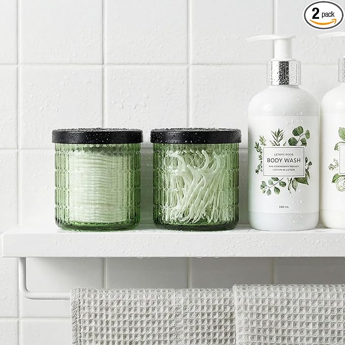 Bathroom Storage Organizer - 2 Pack Glass Qtip Holder Dispenser, Vanity Organizer, Bathroom Essentials Decor Canister for Cotton Swabs, Cotton Balls, Pads, Floss Picks (Green)