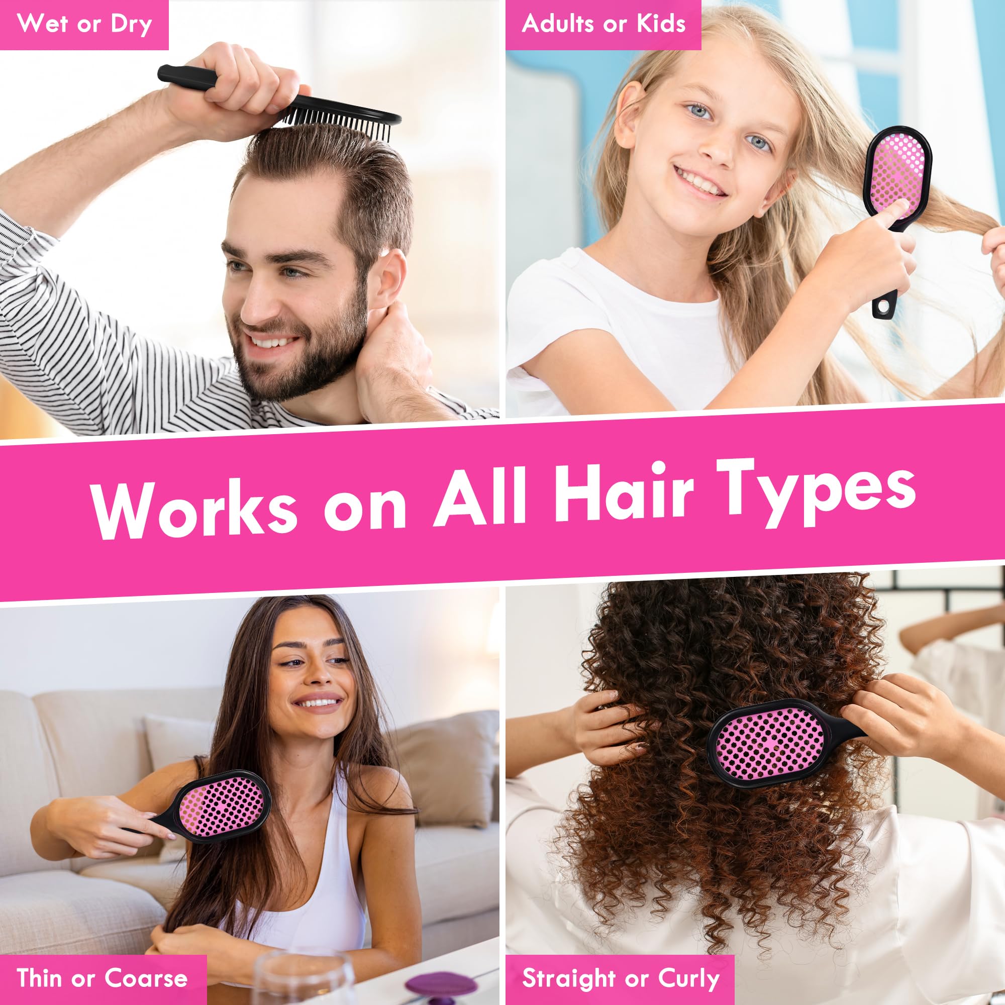 Aussumy 4 Pack Vented Detangling Hair Brush - Detangler Hairbrush with Soft Bristles for Effortless Tangle Free - Ideal for Wet Dry or Curly Damaged Hair for Women Men Kids
